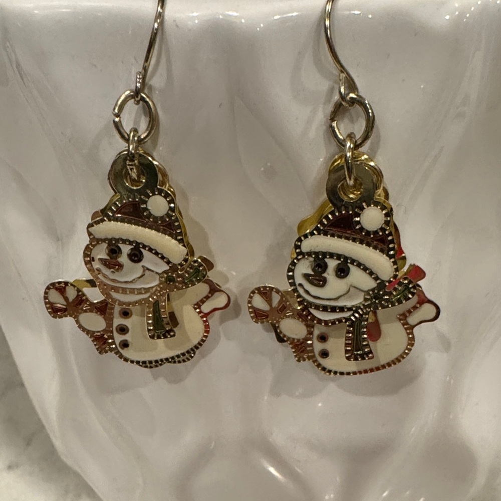 Festive Snowman Earrings in Gold and White